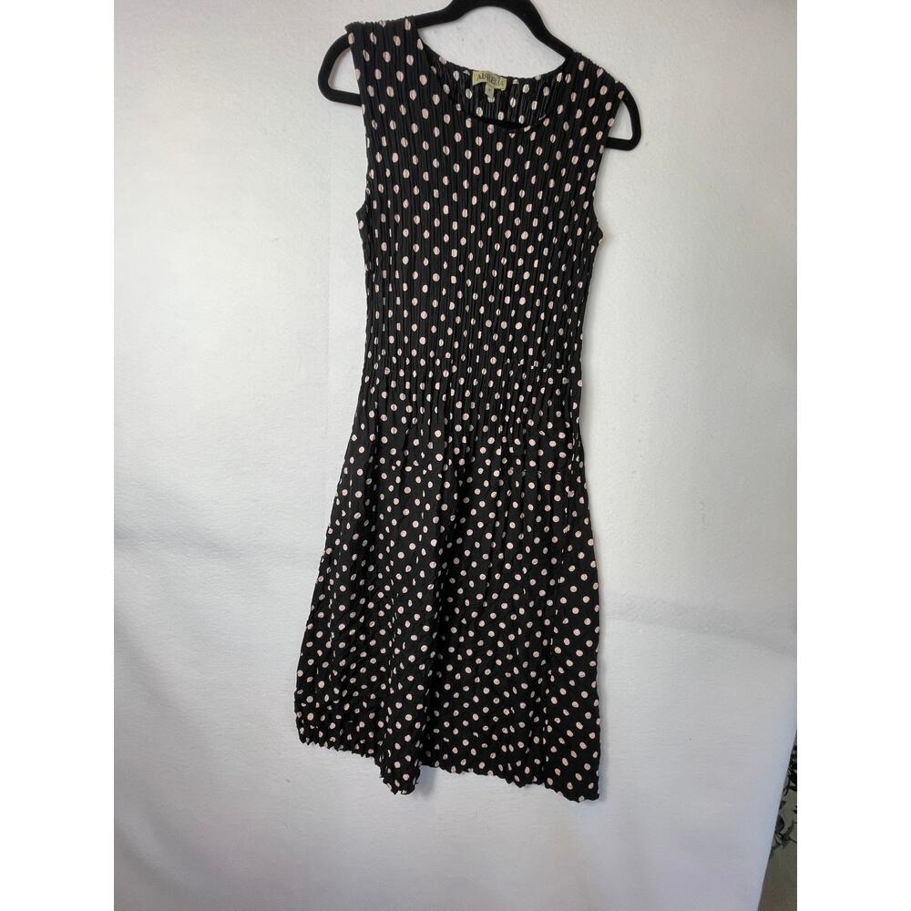 Alquema Polka Dot Crinkle Midi Dress Women’s M/L Black White Tank‎ Pockets